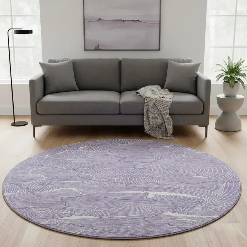 8' Purple And Ivory Abstract Washable Round Rug With UV Protection Photo 2