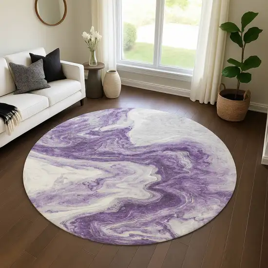 8' Purple And Ivory Abstract Washable Round Rug With UV Protection Photo 4