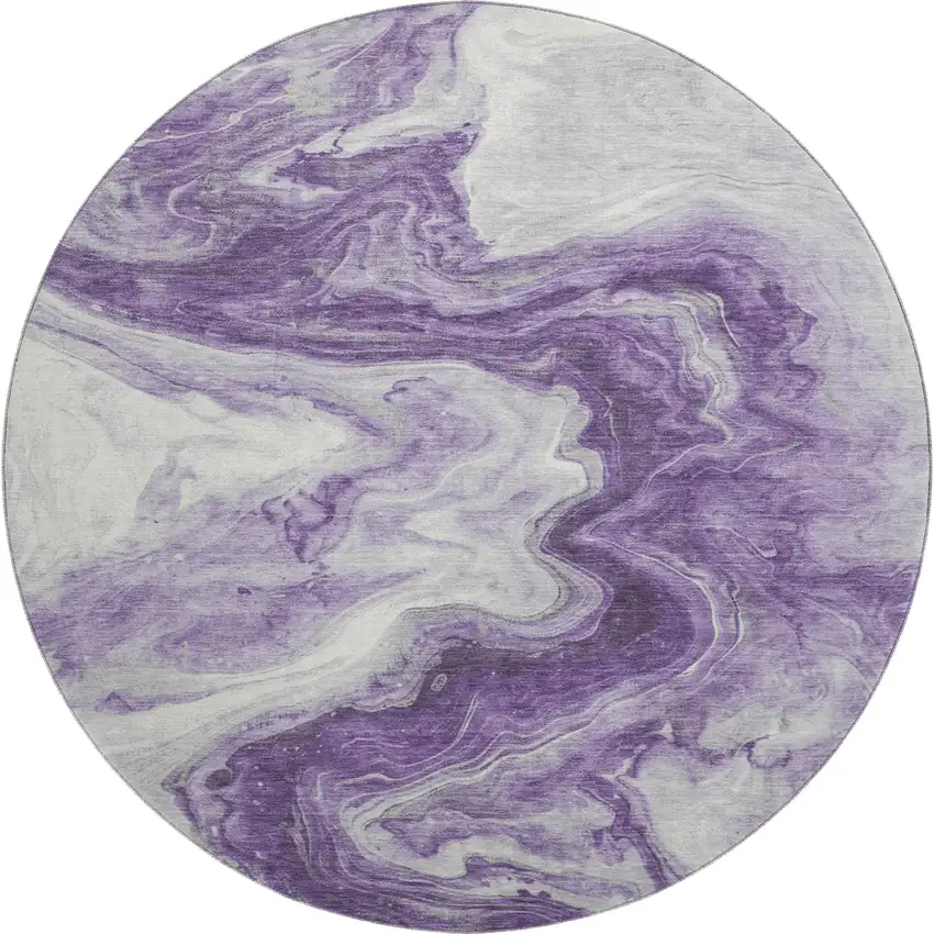 8' Purple And Ivory Abstract Washable Round Rug With UV Protection Photo 1