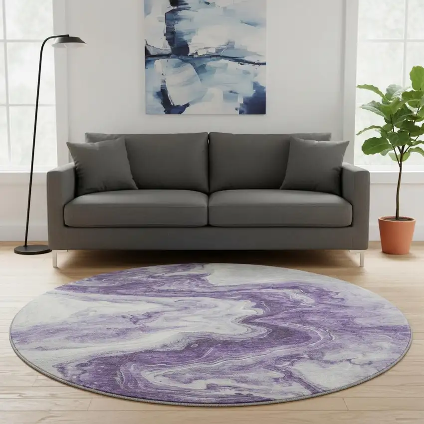 8' Purple And Ivory Abstract Washable Round Rug With UV Protection Photo 2