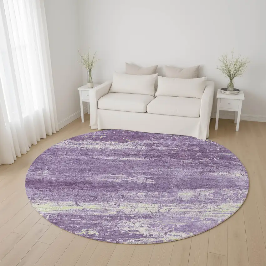 8' Purple And Ivory Abstract Washable Round Rug With UV Protection Photo 4