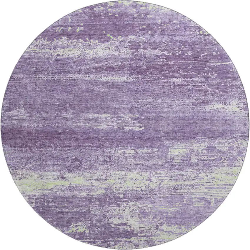 8' Purple And Ivory Abstract Washable Round Rug With UV Protection Photo 1