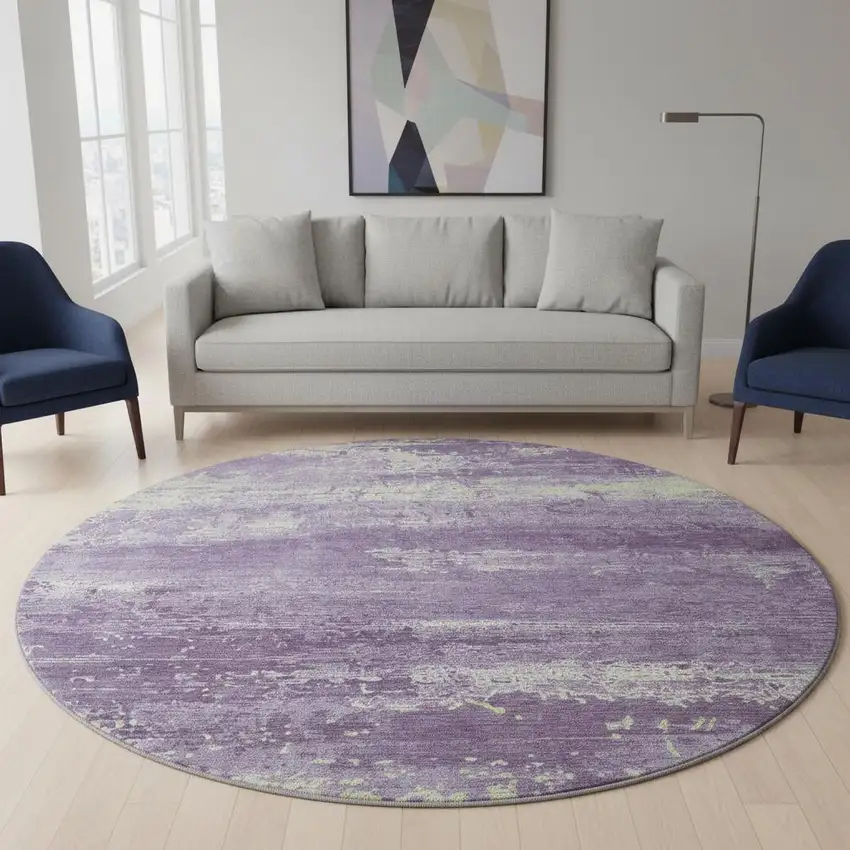 8' Purple And Ivory Abstract Washable Round Rug With UV Protection Photo 2