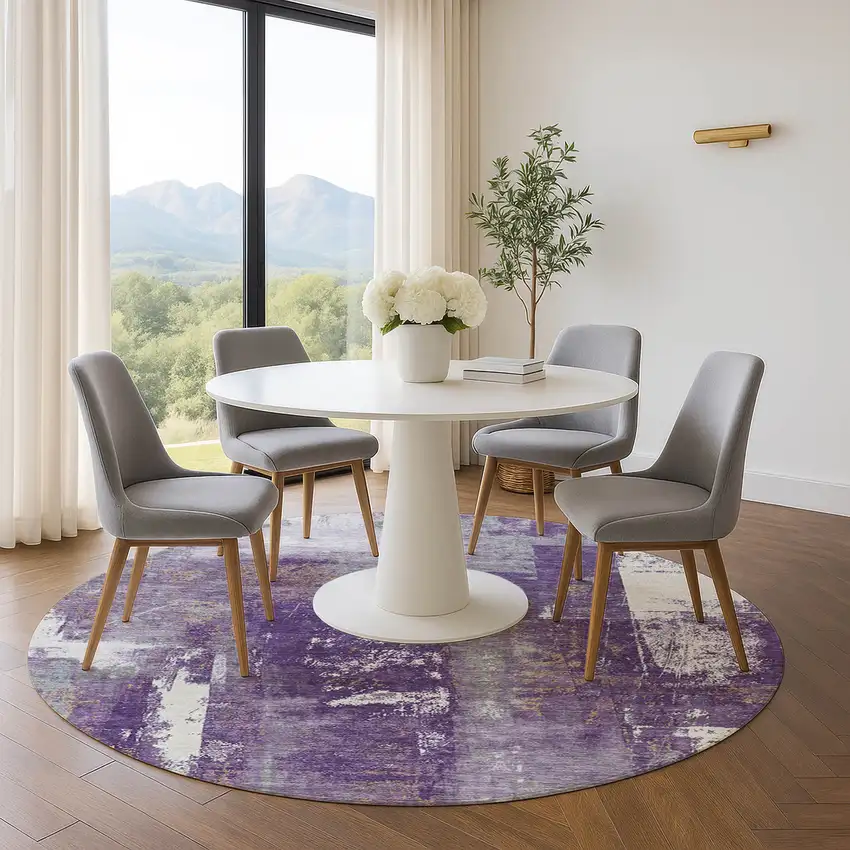 8' Purple And Ivory Abstract Washable Round Rug With UV Protection Photo 5