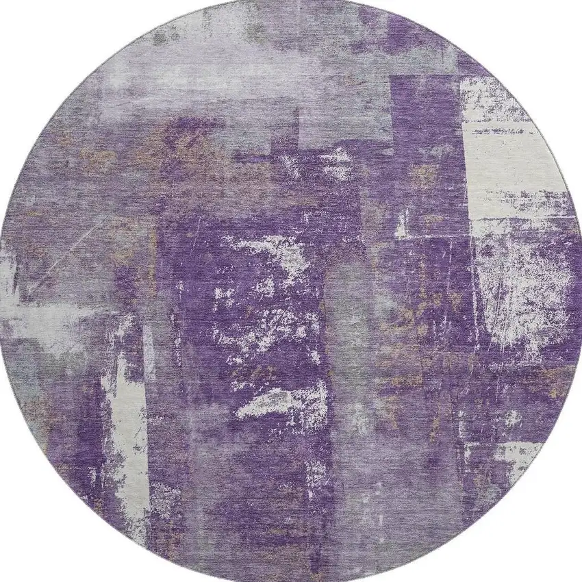 8' Purple And Ivory Abstract Washable Round Rug With UV Protection Photo 4