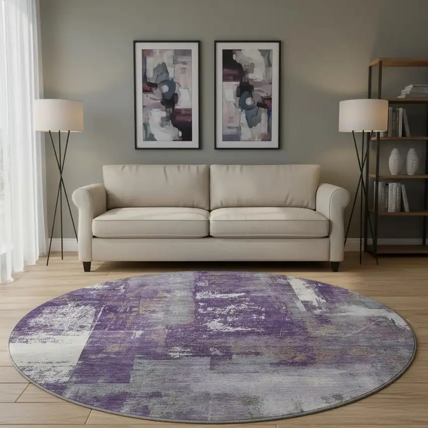 8' Purple And Ivory Abstract Washable Round Rug With UV Protection Photo 2