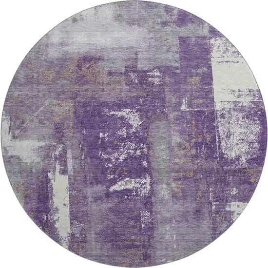 8' Purple And Ivory Abstract Washable Round Rug With UV Protection Photo 1