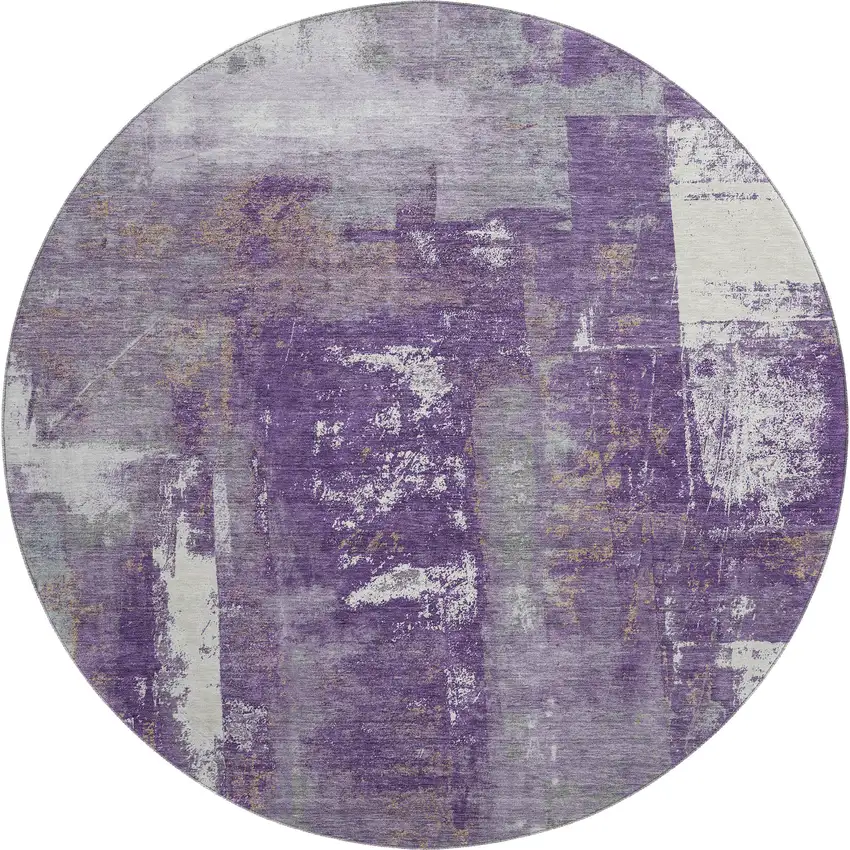 8' Purple And Ivory Abstract Washable Round Rug With UV Protection Photo 1