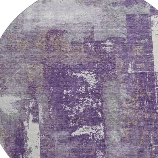 8' Purple And Ivory Abstract Washable Round Rug With UV Protection Photo 3