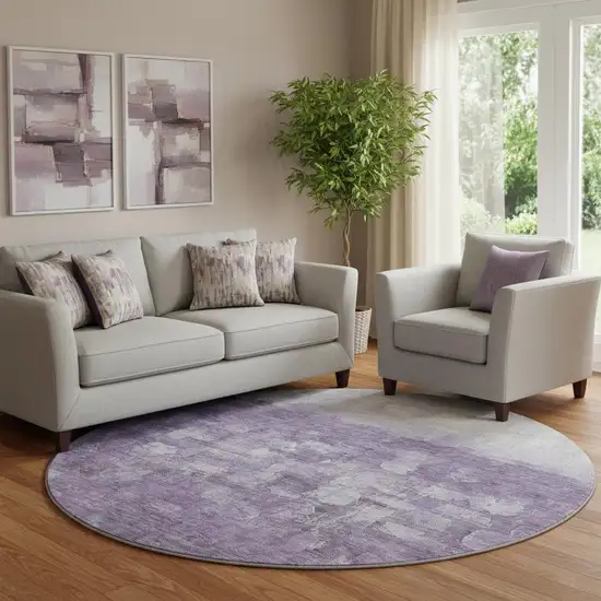8' Purple And Ivory Abstract Washable Round Rug With UV Protection Photo 2