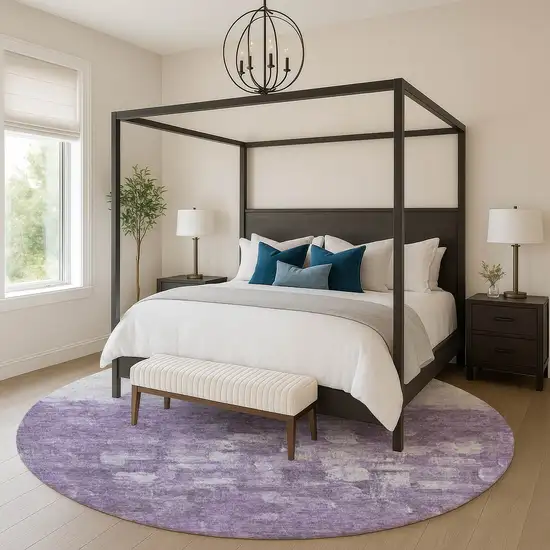 8' Purple And Ivory Abstract Washable Round Rug With UV Protection Photo 5