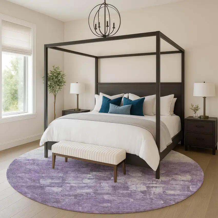 8' Purple And Ivory Abstract Washable Round Rug With UV Protection Photo 5