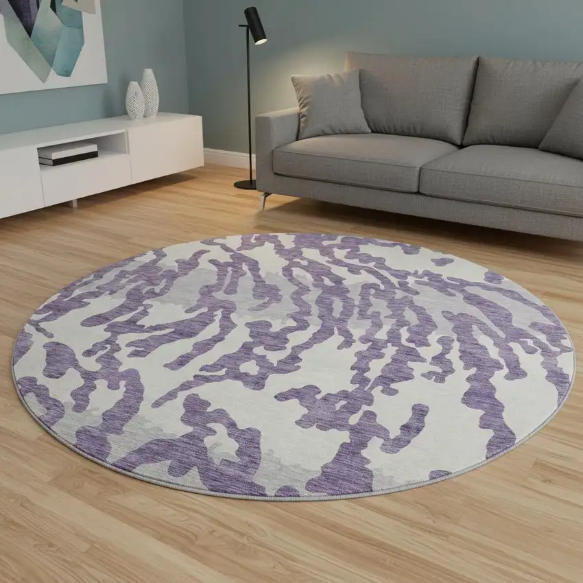 8' Purple And Ivory Animal Print Washable Round Rug With UV Protection Photo 2