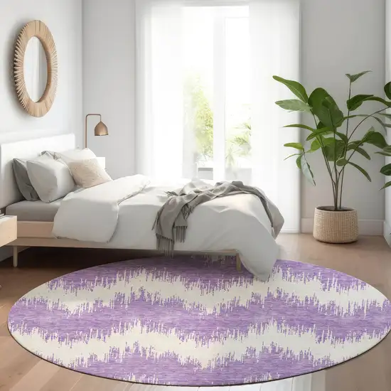 8' Purple And Ivory Chevron Washable Round Rug With UV Protection Photo 5