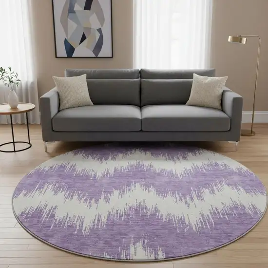 8' Purple And Ivory Chevron Washable Round Rug With UV Protection Photo 2