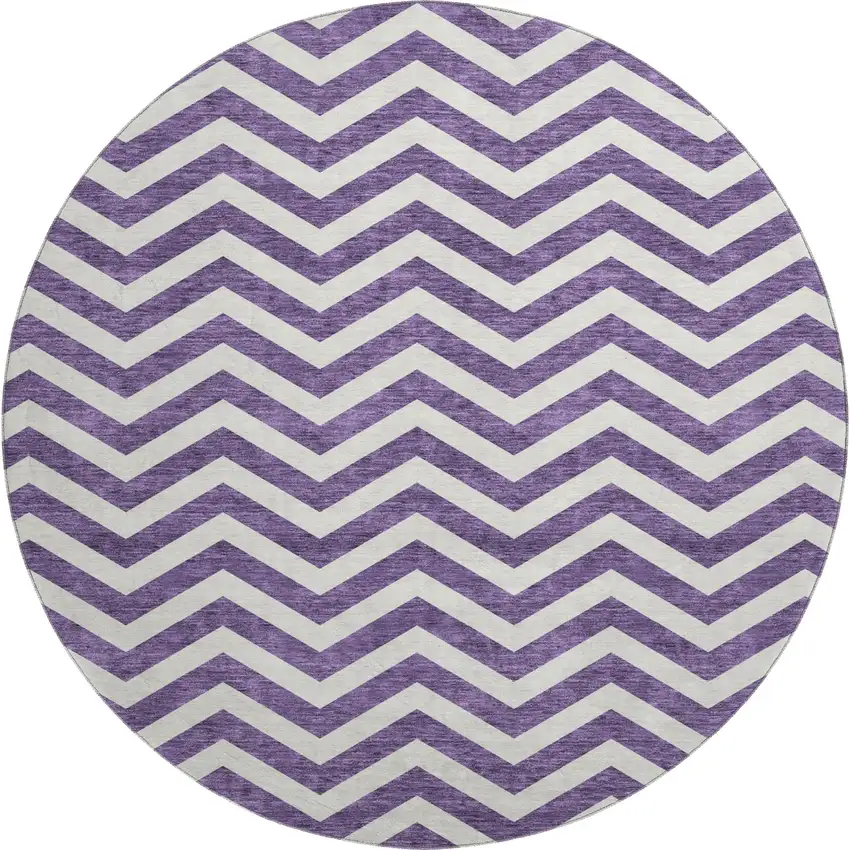 8' Purple And Ivory Chevron Washable Round Rug With UV Protection Photo 1