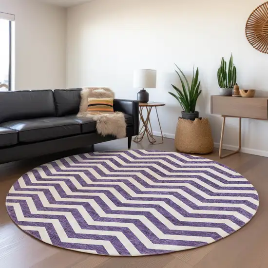 8' Purple And Ivory Chevron Washable Round Rug With UV Protection Photo 4