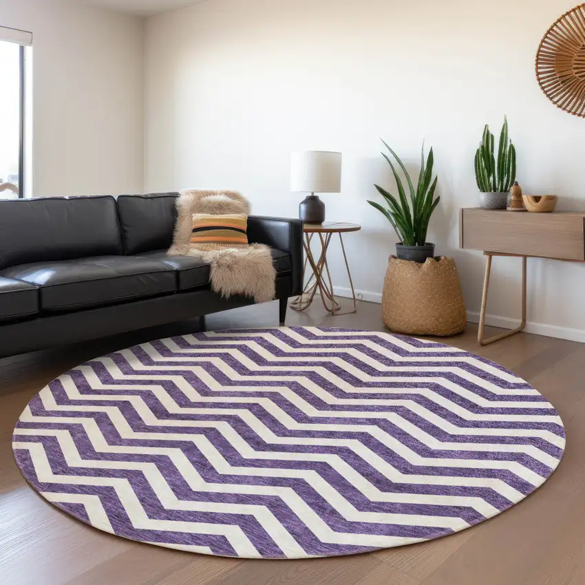 8' Purple And Ivory Chevron Washable Round Rug With UV Protection Photo 4