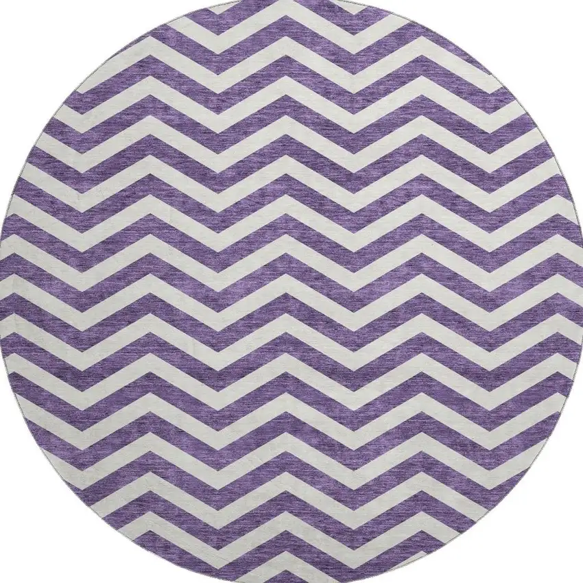 8' Purple And Ivory Chevron Washable Round Rug With UV Protection Photo 3