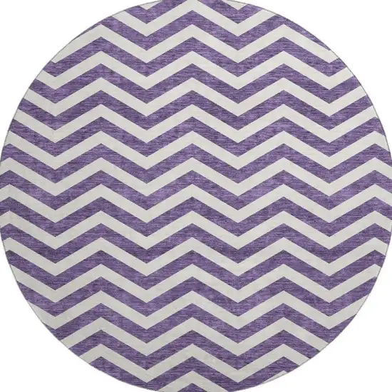 8' Purple And Ivory Chevron Washable Round Rug With UV Protection Photo 3