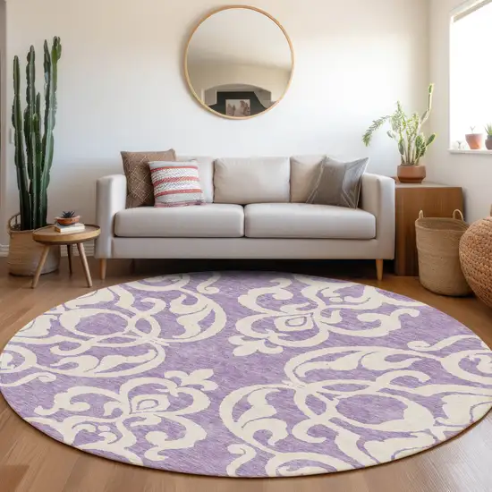 8' Purple And Ivory Damask Washable Round Rug With UV Protection Photo 4