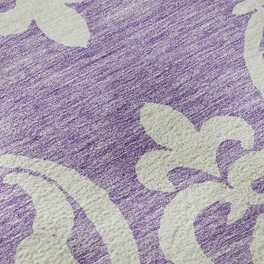 8' Purple And Ivory Damask Washable Round Rug With UV Protection Photo 8