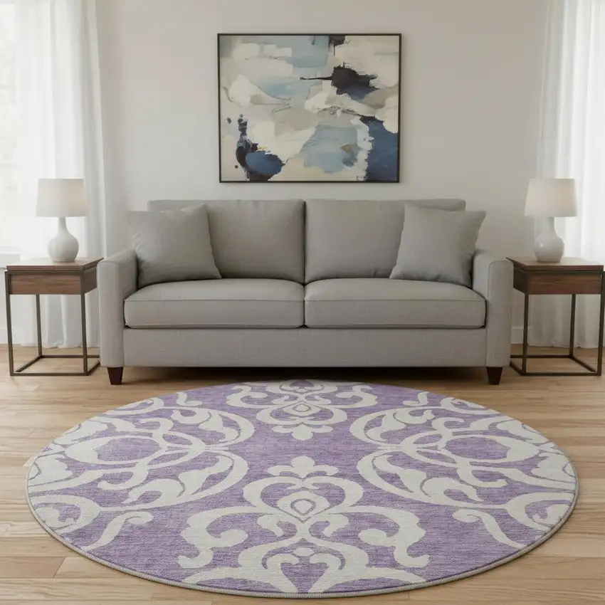 8' Purple And Ivory Damask Washable Round Rug With UV Protection Photo 2