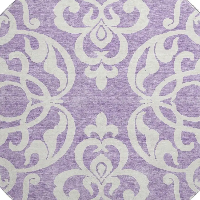 8' Purple And Ivory Damask Washable Round Rug With UV Protection Photo 2