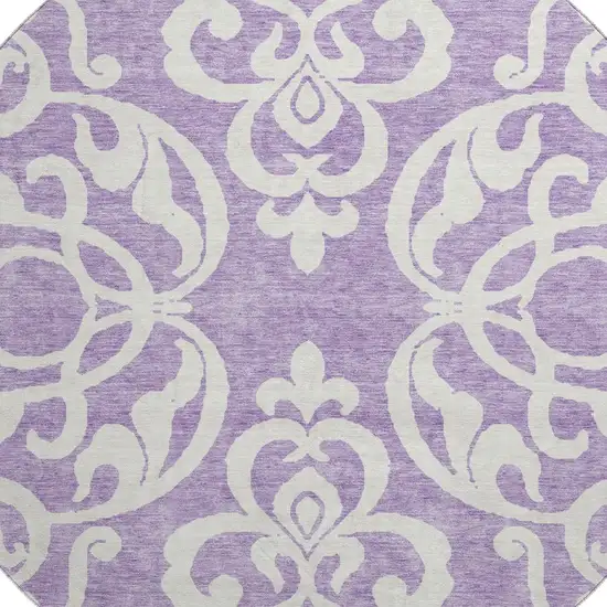 8' Purple And Ivory Damask Washable Round Rug With UV Protection Photo 2
