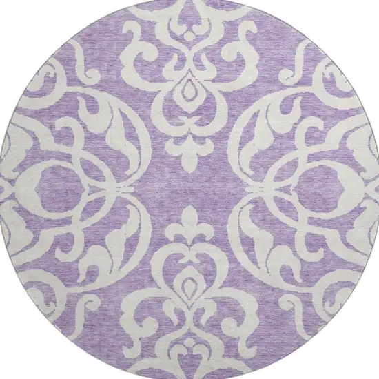 8' Purple And Ivory Damask Washable Round Rug With UV Protection Photo 3