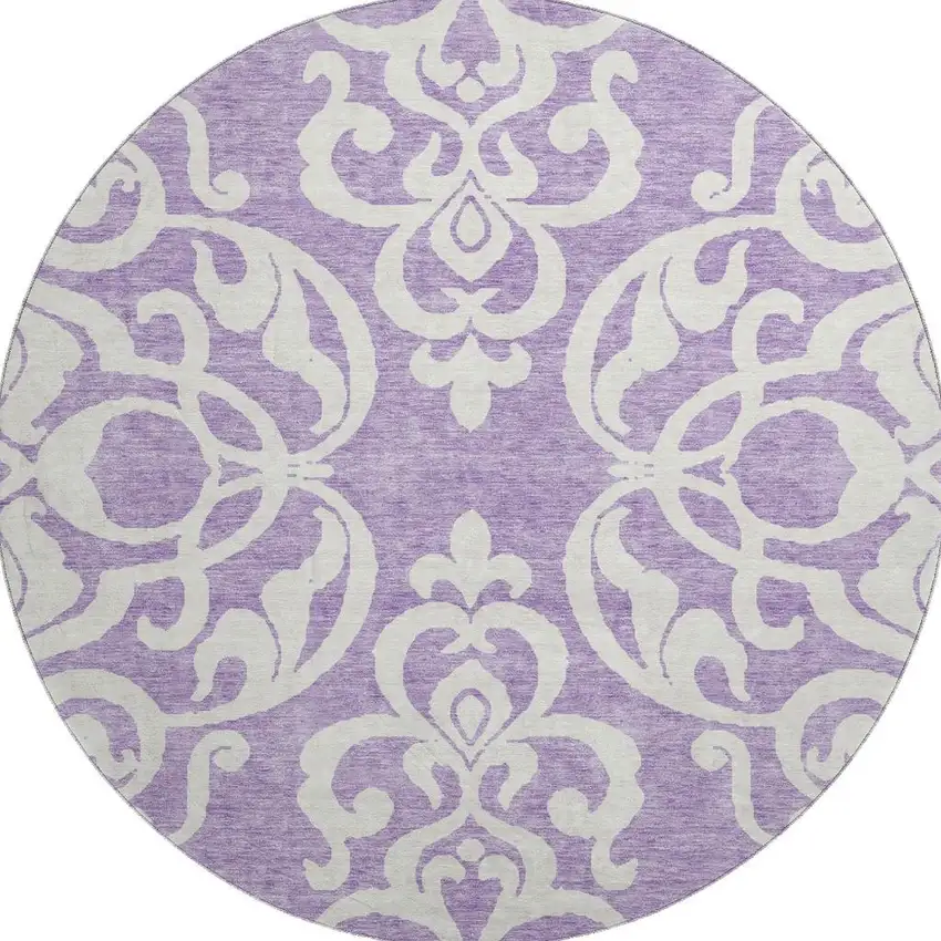 8' Purple And Ivory Damask Washable Round Rug With UV Protection Photo 3