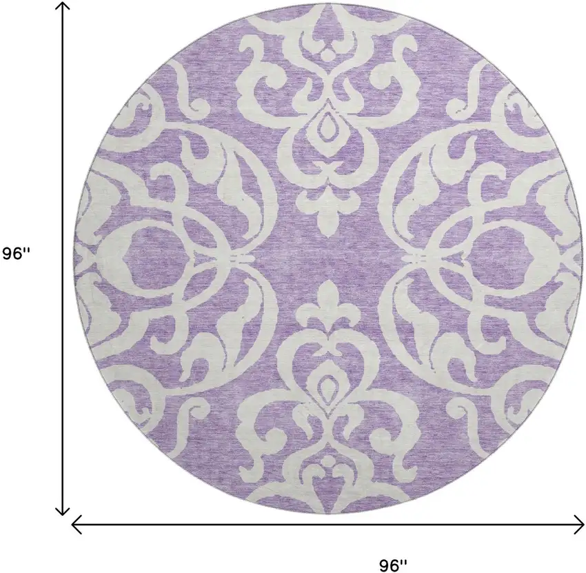 8' Purple And Ivory Damask Washable Round Rug With UV Protection Photo 9