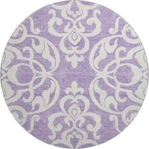 Photo of 8' Purple And Ivory Damask Washable Round Rug With UV Protection