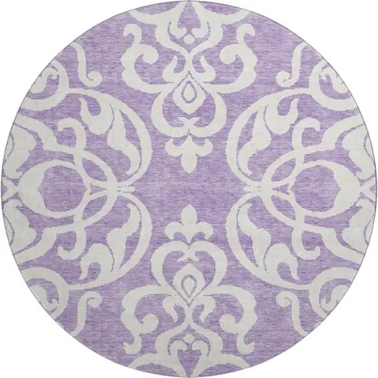 8' Purple And Ivory Damask Washable Round Rug With UV Protection Photo 1