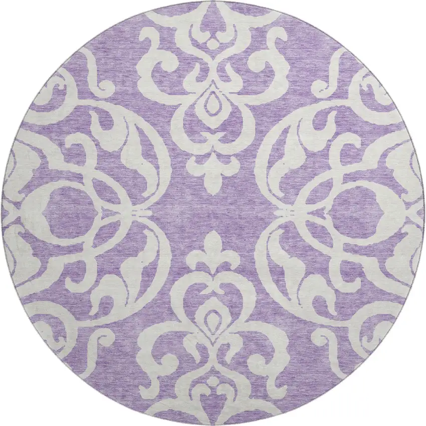 8' Purple And Ivory Damask Washable Round Rug With UV Protection Photo 1