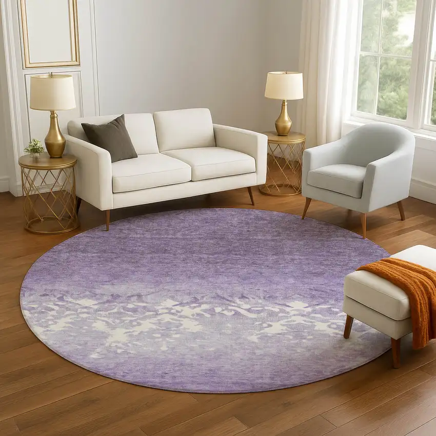 8' Purple And Ivory Damask Washable Round Rug With UV Protection Photo 5