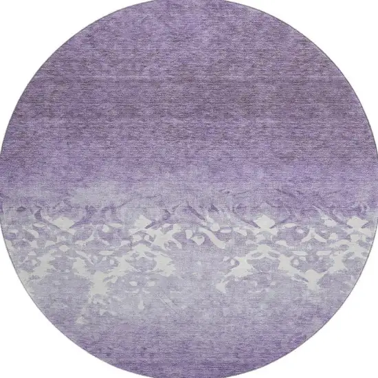8' Purple And Ivory Damask Washable Round Rug With UV Protection Photo 4