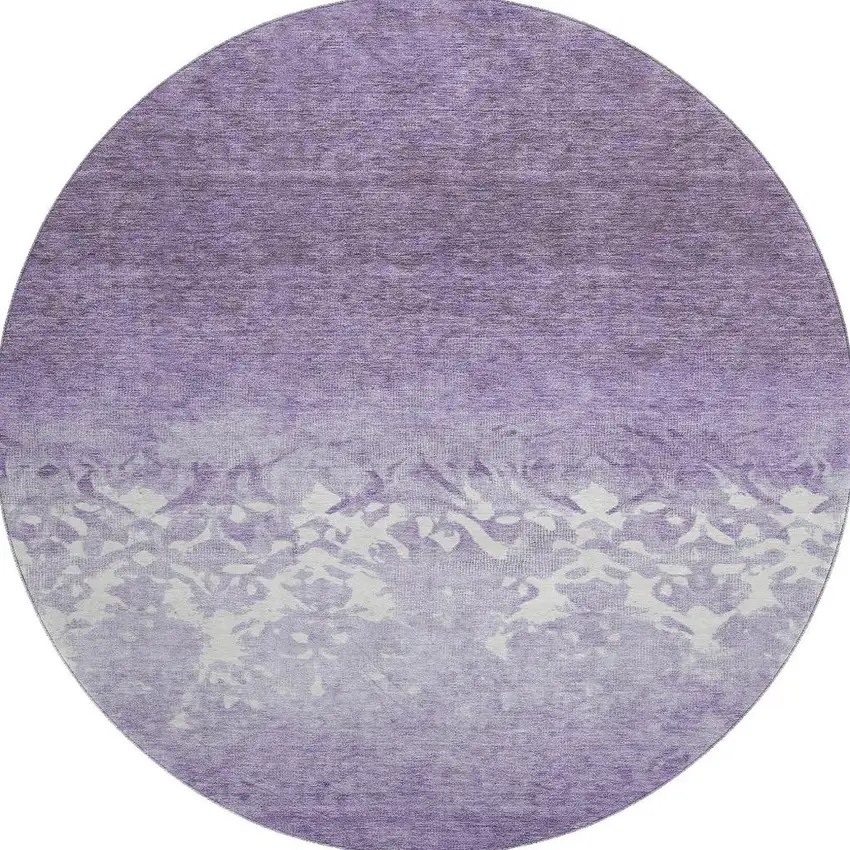 8' Purple And Ivory Damask Washable Round Rug With UV Protection Photo 4