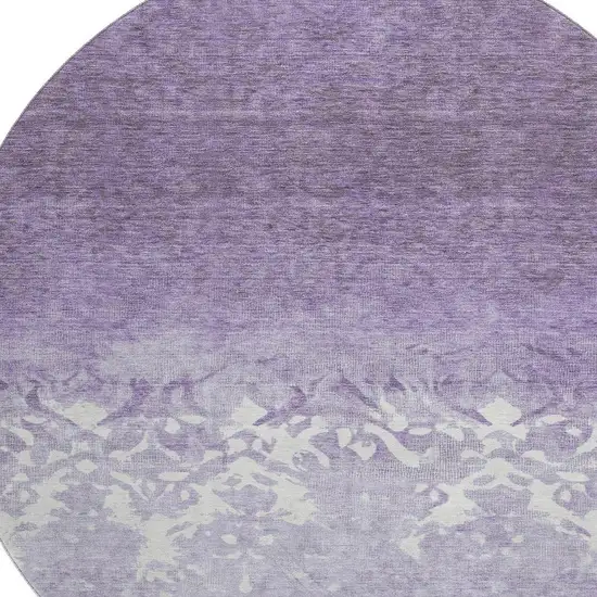 8' Purple And Ivory Damask Washable Round Rug With UV Protection Photo 3