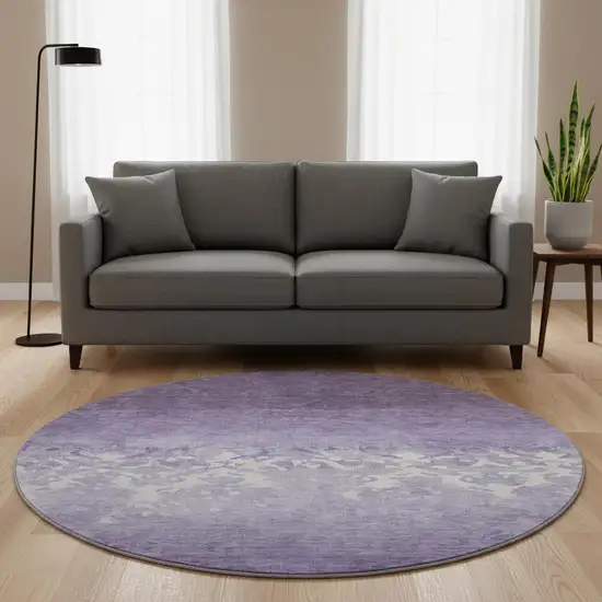 8' Purple And Ivory Damask Washable Round Rug With UV Protection Photo 2