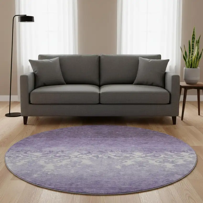 8' Purple And Ivory Damask Washable Round Rug With UV Protection Photo 2