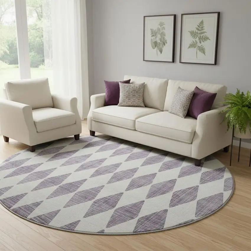 8' Purple And Ivory Diamond Washable Round Rug With UV Protection Photo 1