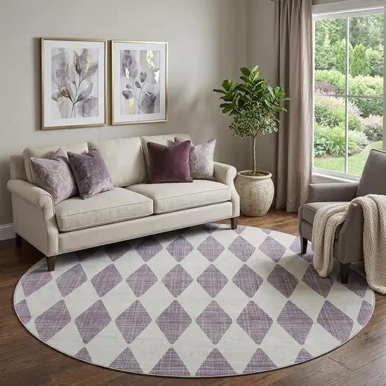 8' Purple And Ivory Diamond Washable Round Rug With UV Protection Photo 1