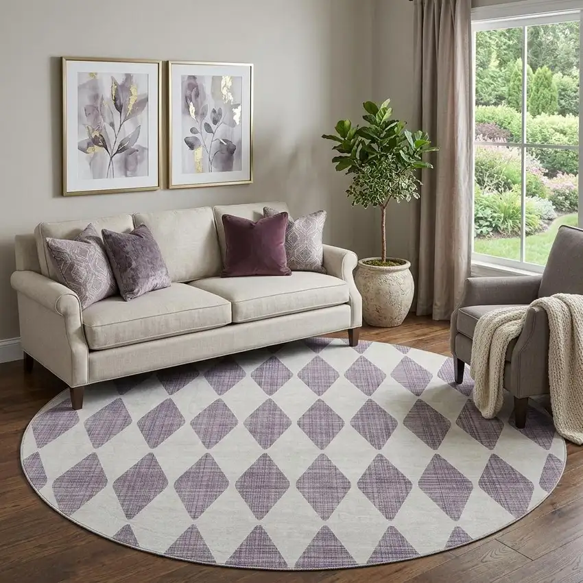 8' Purple And Ivory Diamond Washable Round Rug With UV Protection Photo 1