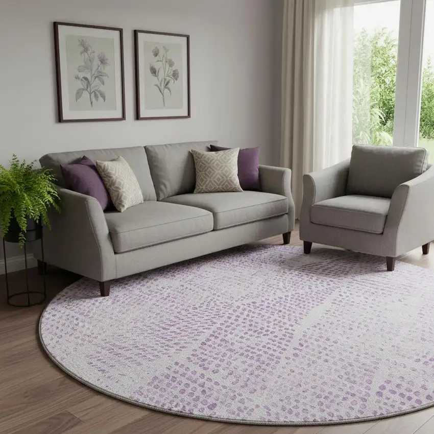 8' Purple And Ivory Diamond Washable Round Rug With UV Protection Photo 1