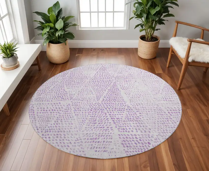 8' Purple And Ivory Diamond Washable Round Rug With UV Protection Photo 2