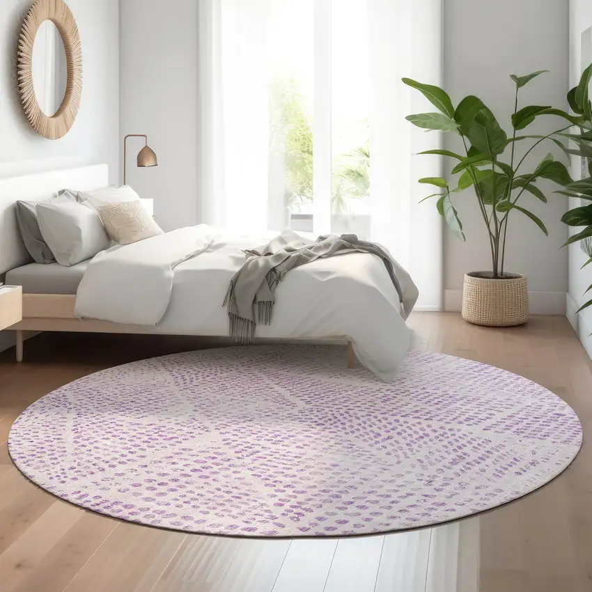 8' Purple And Ivory Diamond Washable Round Rug With UV Protection Photo 5