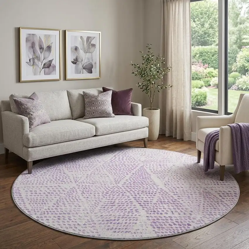 8' Purple And Ivory Diamond Washable Round Rug With UV Protection Photo 1