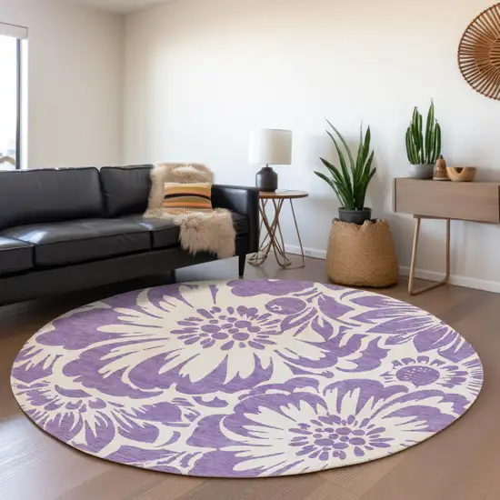 8' Purple And Ivory Floral Washable Round Rug With UV Protection Photo 5