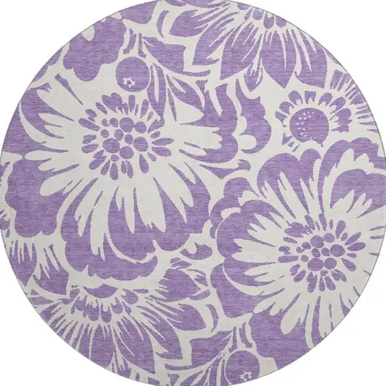 8' Purple And Ivory Floral Washable Round Rug With UV Protection Photo 4